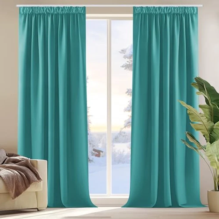 Deconovo Gardinen Vorhang Blickdicht Verdunklungsvorhänge UV-Schutz Türkis | 2er Set, H 245 x B 140 cm, Thermogardine, für Wohnzimmer, Curtains for Bedroom, für gegen Hitze, Gardinen mit Kräuselband – Bild 1