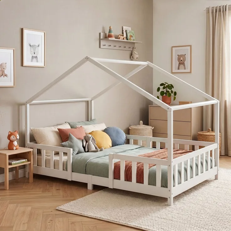 en. casa Kinderbett Treviolo 120x200 cm mit Lattenrost + Gitter Holz Weiß