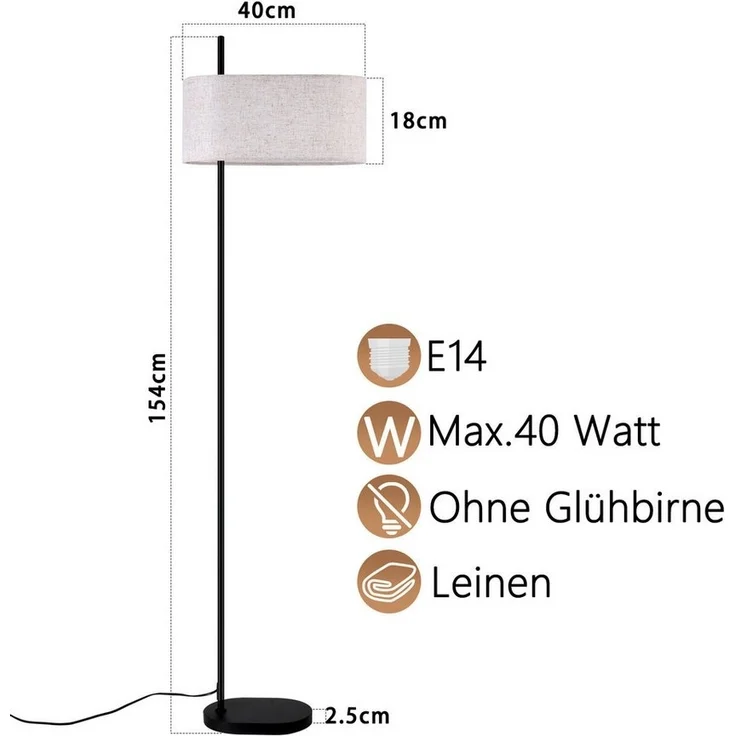 Nettlife Stehlampe Wohnzimmer Vintage Stoffschirm Weiß E27 1/3 Flammig Fußschalter, Fußschalter, ohne Leuchtmittel, mit Regal Standlampe Schlafzimmer Retro für Sofa Landhaus Küche – Bild 2