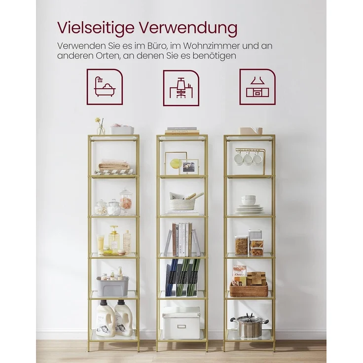 Vasagle Standregal mit 6 Ablagen, Glas, Metall, Gold, 30 x 40 x 177,3 cm – Bild 8