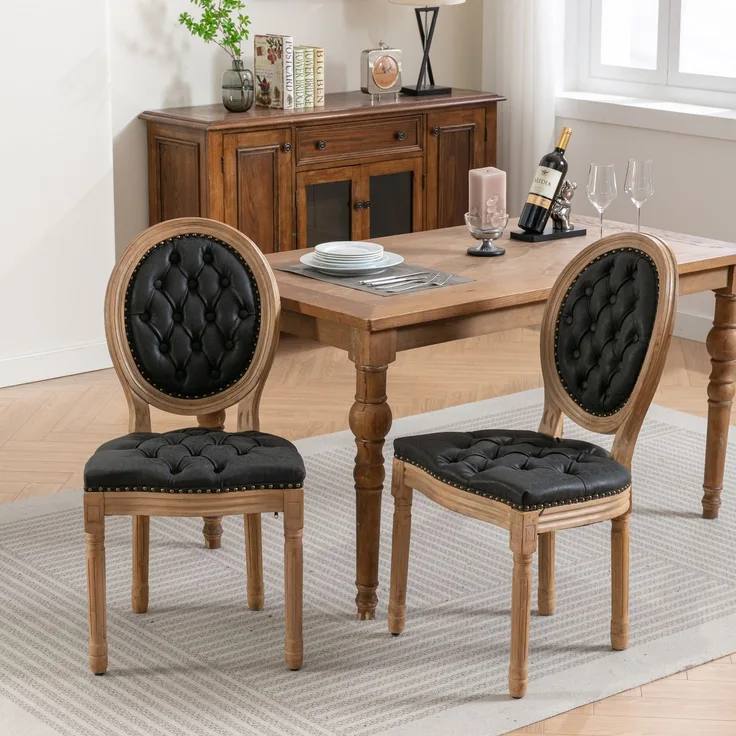 Französische Landhaus-Esszimmerstühle, 2er-Set, Gestell aus Massivholz im Used-Look, handgesteppte ovale Rückenlehne, Vintage-Schafslederbezug mit Ziernägeln, Polsterung aus hochdichtem Schaumstoff und Stahlfederkern, DE1839BK – Schwarz – 59,5 x 49 x 9...