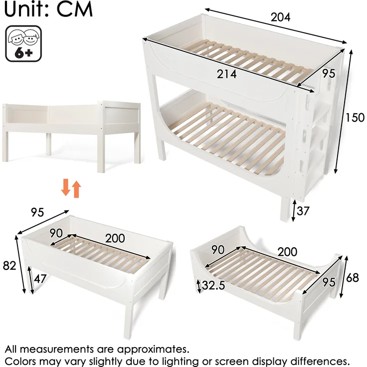 Etagenbett, Trennbares 90 x 200 cm mit flexibel am Kopf-/Fußende montierbarer Leiter Schlittenform-Design aus 1 Bett werden 2 Einzelbetten EN747-1:2024, Holz, Weiß