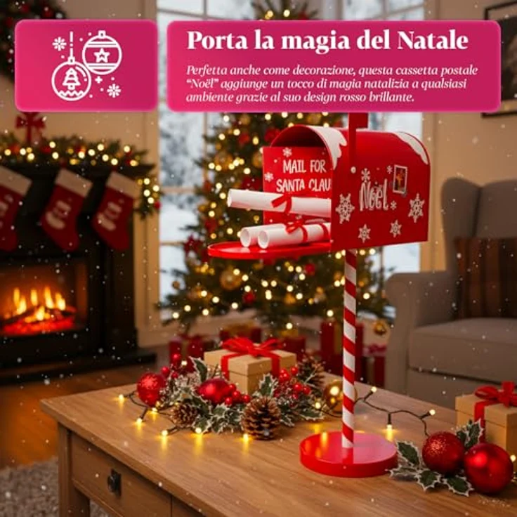 Avilia Amerikanischer Weihnachtsbriefkasten mit dekorativer Stehleuchte für Weihnachtsdekoration, Frontöffnung, Brieffach für Nachrichten und Süßigkeiten, ikonisches Design Weiß Rot – Bild 5