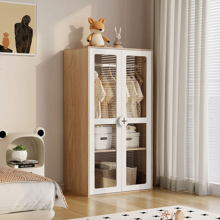 Kleiderschrank & Nachttisch Set 10-Regale Aufbewahrung Glas-Türen Weiß/Holz, Sideboard & Jugendzimmer – Bild 6
