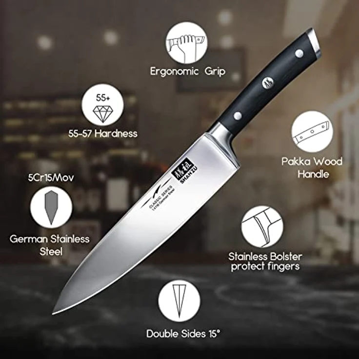 SHAN ZU Kochmesser Deutscher Edelstahl 20cm Küchenmesser Extra Scharfe Messerklinge mit ergonomischer Griff Exquisiter Geschenkverpackung – Bild 3