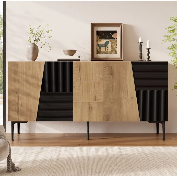 DESVIAE Sideboard Natural-Schwarz aus Spanplatte – 160x80x40 cm – 4 Türen, 3 Schubladen – Bild 3