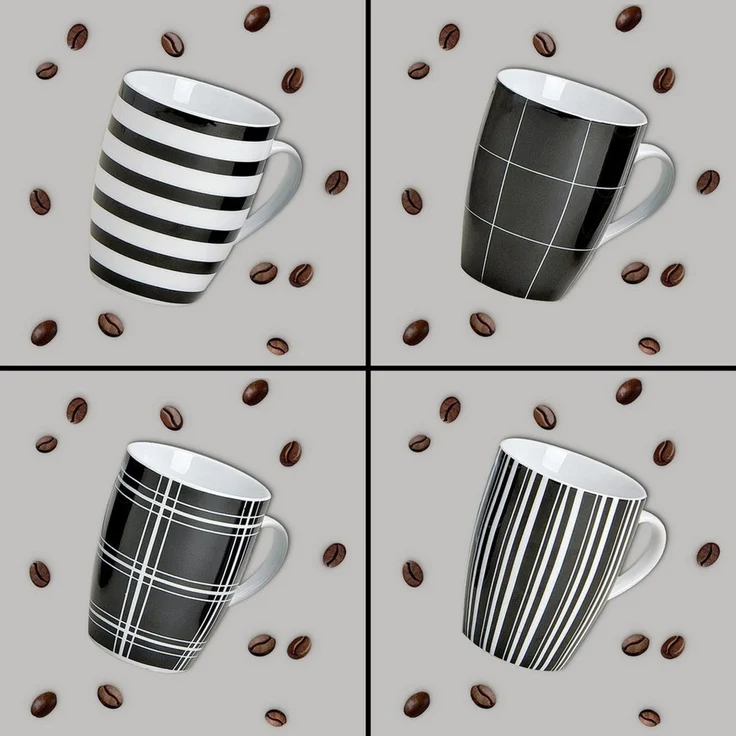 matches21 HOME & HOBBY Tasse Kaffeetassen 4er Set Streifen & Karo-Design, 4-tlg, Porzellan, Tee Kaffee-Becher, klassisch, schwarz weiss gestreift, 300 ml – Bild 3