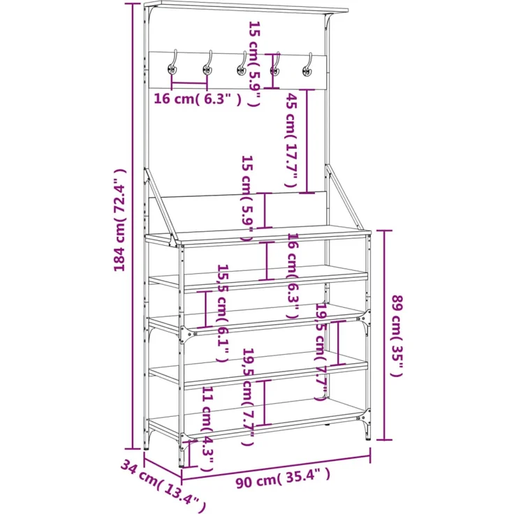 vidaXL Kleiderständer mit Schuhablage Räuchereiche 90x34x184 cm 837879 – Bild 9