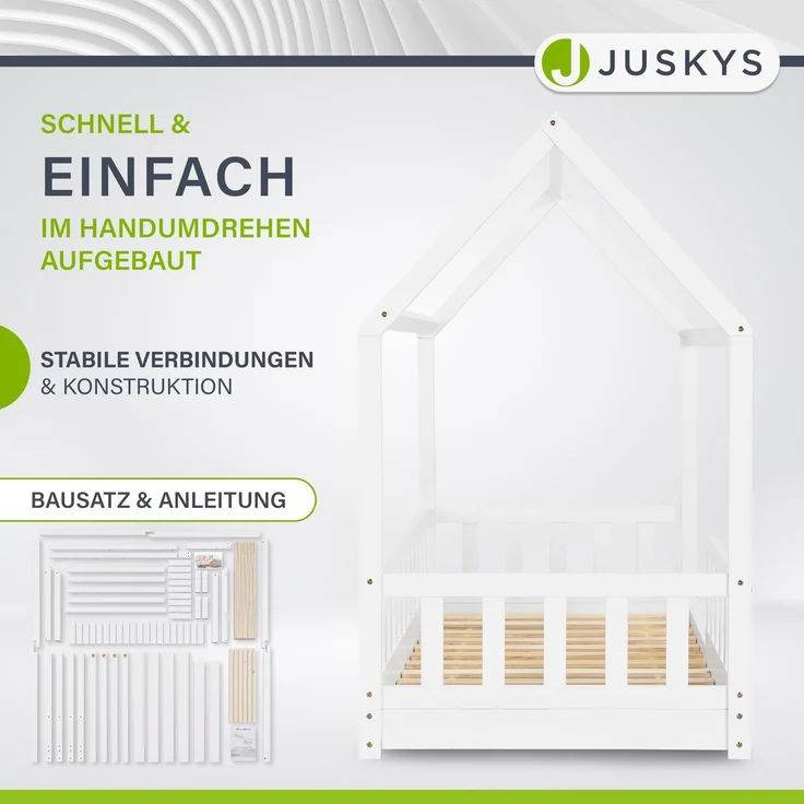 Juskys Kinderbett Marli 90 x 200 cm mit Rausfallschutz, Lattenrost und Dach - Massivholz Hausbett für Kinder - Bett in Weiß – Bild 2