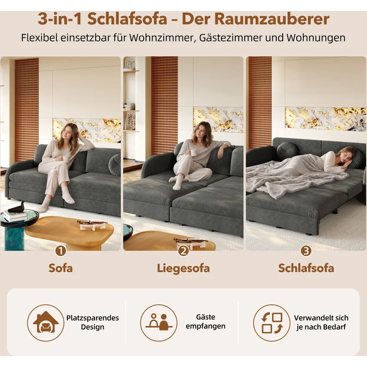 ZUBALIYA 206 cm King-Size ausziehbares 3-Sitzer-Sofa, 3-in-1 Schlafsofa, mit losen Kissen und Stautaschen an beiden Seiten, Chenille-Sofa mit Schlaffunktion, Grau, H 89 × T 205 × B 84 cm – Bild 10