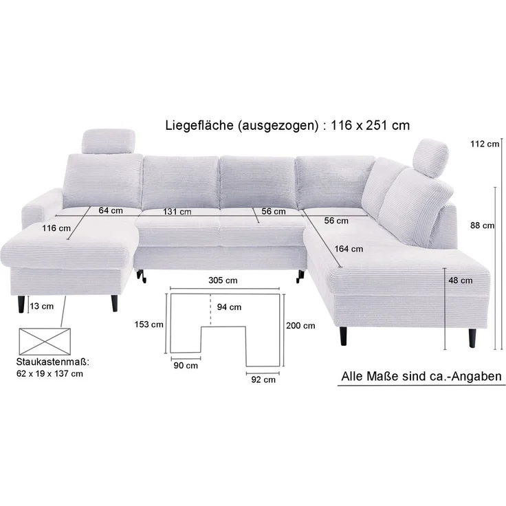 Wohnlandschaft U-Form Sofa Schlaffunktion Couch Bettkasten Cord Dunkelgrau – Bild 6