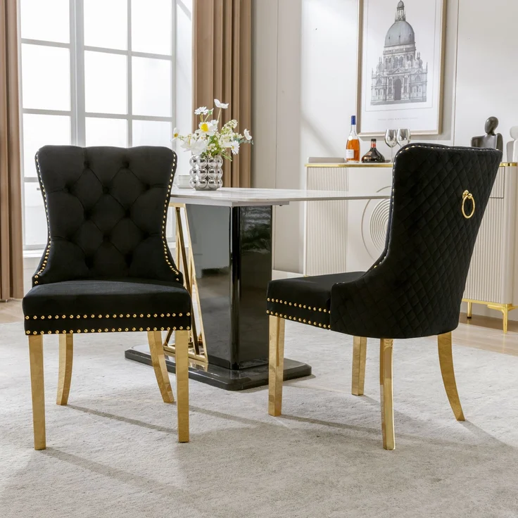 Esszimmerstuhl mit Samtbezug, Edelstahlbeinen und Türklopfer-Design, luxuriöser Polsterstuhl mit Nagelkopfverzierung,verstellbare Füße,Schwarz – Bild 3