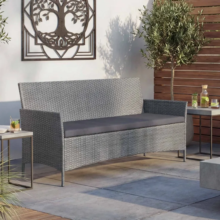 3-Sitzer Poly-Rattan Gartenbank Halden, Sitzbank ~ grau, Kissen anthrazit
