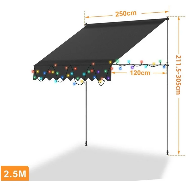 Clanmacy Klemmmarkise Klemmmarkise mit LED 300cm Balkonmarkise Markise mit Handkurbel Grau – Bild 2
