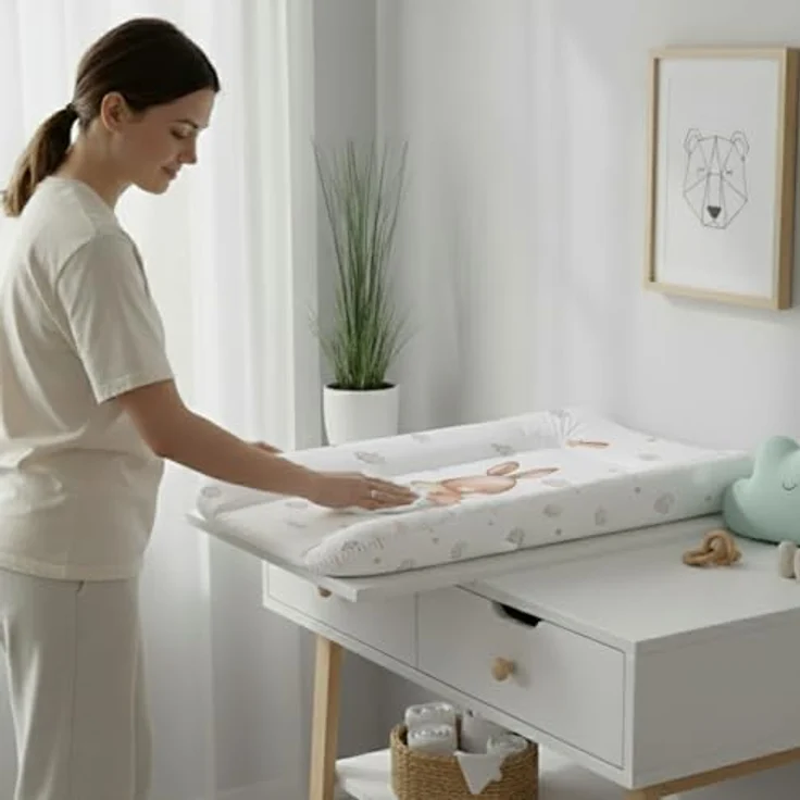 Wickelauflage 50x70 cm, Weiß mit Hase – abwaschbar & wasserdicht, weich für Neugeborene – Wickeltischauflage für Wickelkommode – Baby Wickelunterlage, schnell abwischbar – Bild 7