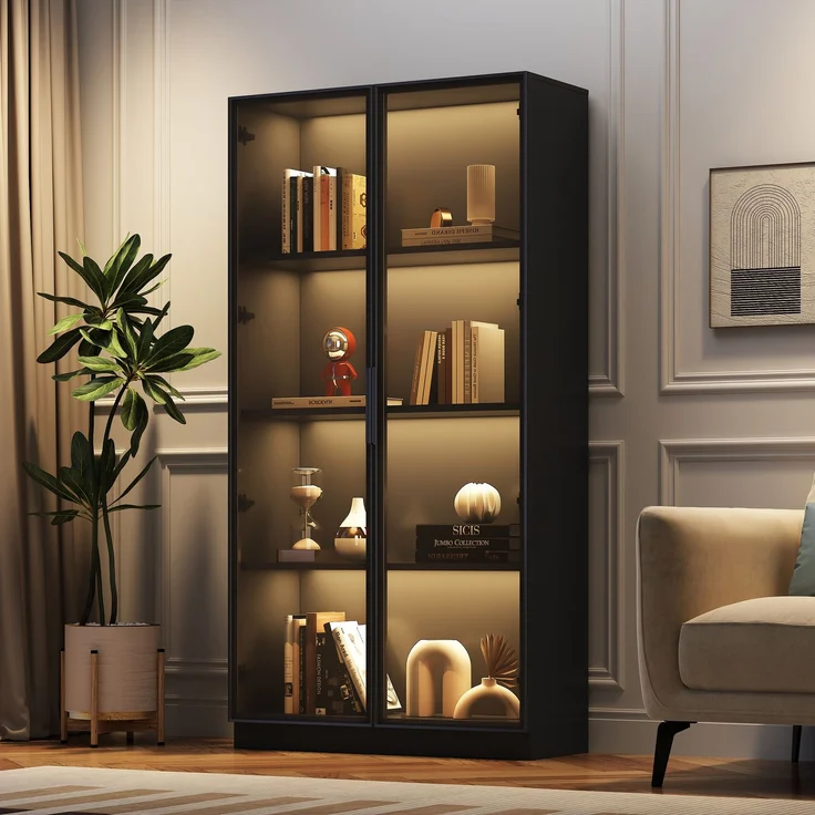 Glasvitrine mit APP LED-Beleuchtung, doppeltürige Vitrine mit beweglichen Einlegeböden, 80*40*160cm,Hochschrank für Wohnzimmer, Standvitrine,Badezimmerschrank – Bild 2