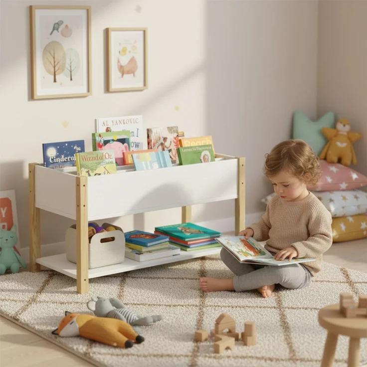 Bellabino 'Teme' Kinderbücherregal, weiß, 80x40x44 cm, Holz, Montessori Kinderregal mit 4 Fächern und Ablagefläche – Bild 2