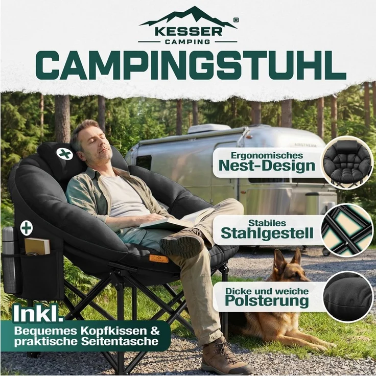KESSER Campingstuhl Chillexer faltbar 150 kg Klappstuhl mit Kissen, Seitentasche & Cover, Relaxstuhl Outdoor + Indoor für Camping, Angeln, Festival, Strand, 110 × 110 × 110 cm – Bild 2