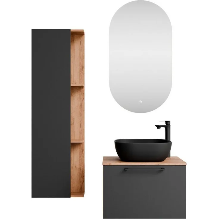 Planetmöbel Badmöbel-Set Astra, (Waschtisch mit Waschbecken schwarz & Spiegel und 1x Midischrank, 4-St), Waschtisch und Waschbecken schwarz mit Spiegel und 2x Midischrank