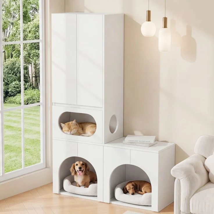 Katzentoilettenschrank, Haustierschrank, Haustier-Aufbewahrungsschrank, für 2 Katzentoiletten, mit Kratzsäule und Ruhebereich, Haustierschrank für Katzen und Hunde, weiß, 140 x 45 x 195 cm--Weiß--140x45x195cm--YOUDENOVA – Bild 2