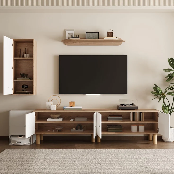 Wohnwand, 3-tlg, best, aus: Highboard, Schränke, Wandboard, Weiße und hölzerne, geschnitzte Türpaneele.--Weiß+Natur--110.01x45.09x17.68cm--YOUDENOVA – Bild 2