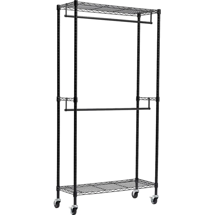 Amazon Basics Doppel-Kleiderstange Offen mit Rädern und Höhenverstellbaren Regalen - Maximalgewicht 181 kg, Schwarz, 35. 5 x 91. 4 x 183 cm (L x W x H)