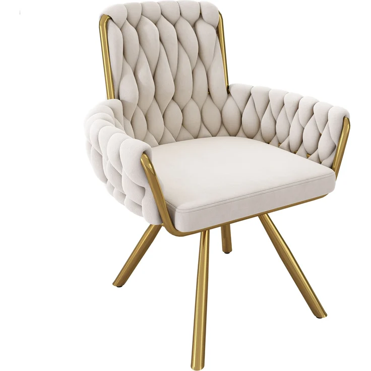 Merax Samt-Esszimmerstuhl, 4er set, Sessel, einzelner luxuriöser Wohn- und Schlafzimmer-Drehstuhl, Freizeit-Drehstuhl mit vier Stützbeinen aus Metall, beige – Bild 6