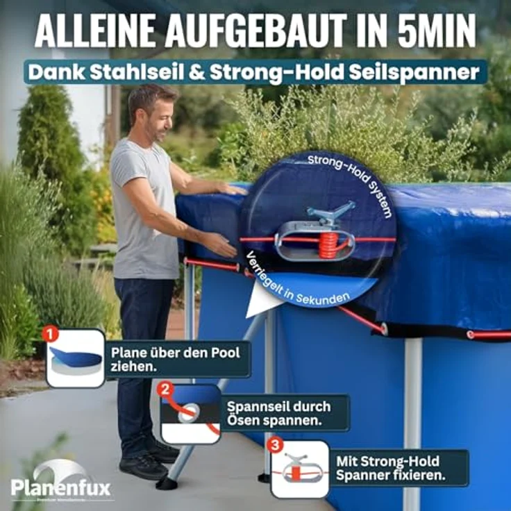 Planenfux® Pool-Abdeckplane Poolplanen rechteckig PE Material - Blau (PARENT), 280-320 x 180-220 cm Pool Abdeckung aus starkem 200g/m² PE Material – Bild 8