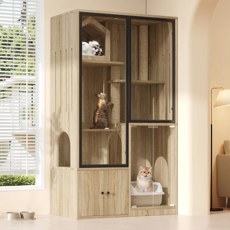 Abrihome Katzenkäfig mit Kratzpfosten, Natur, 160x50x90 cm – Bild 1