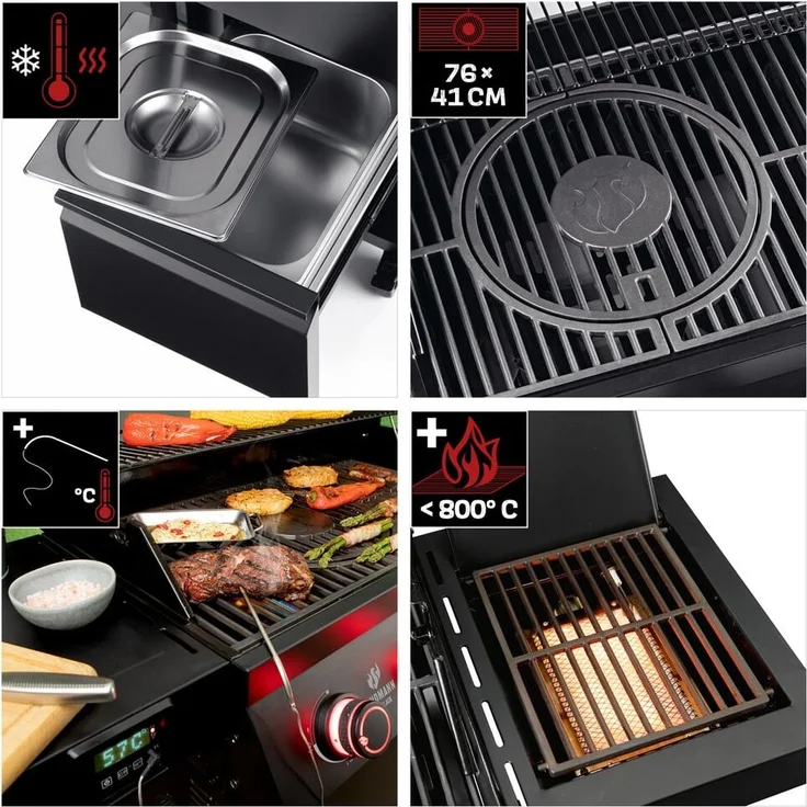 LANDMANN Gasgrill COOL BLACK 4.1 maxX DE 150,5cm schwarz 22161 GR Gusseisen/Warmhalterost – Bild 3