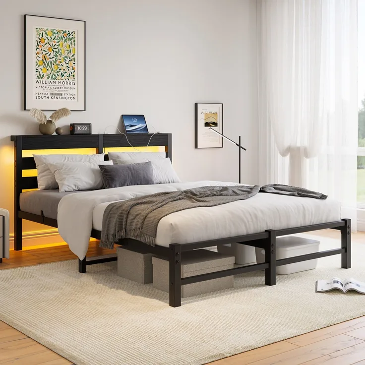 Homerecommend Bettgestell 140x200 cm, Doppelbett mit LED-Beleuchtung und USB-Ladestation, Vintage Braun