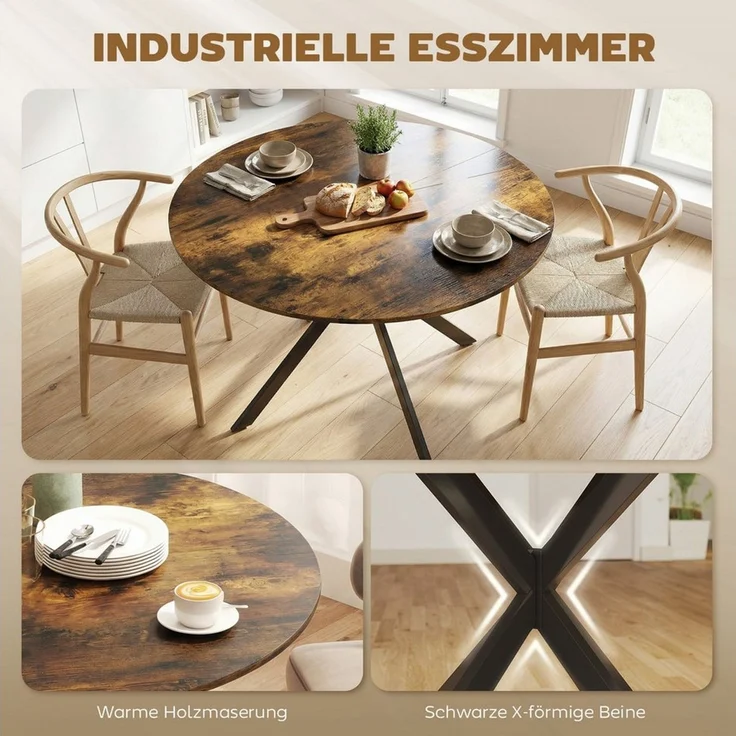 HOMCOM Esstisch Küchentisch im Industriestil mit Stahlbeinen für 4 Personen (für Esszimmer, Küche, Wohnzimmer, 1-St, rund, 120 x 120 x 75 cm), Rustikal-Braun – Bild 4