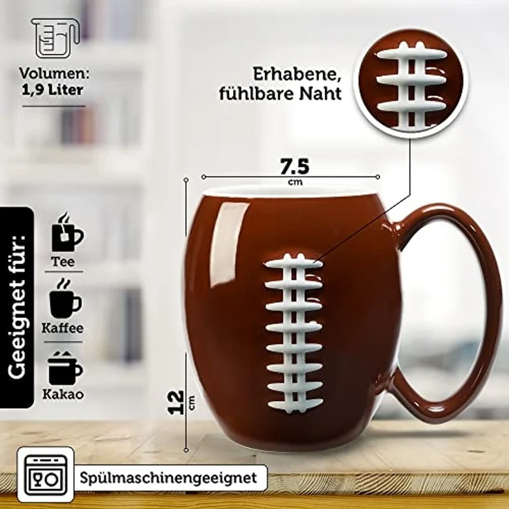 40YARDS Tasse American Football Tasse (600 ml) für Kaffee, Tee, etc, 1-tlg, Keramik, mit erhabener, fühlbarer Football Naht – Bild 4