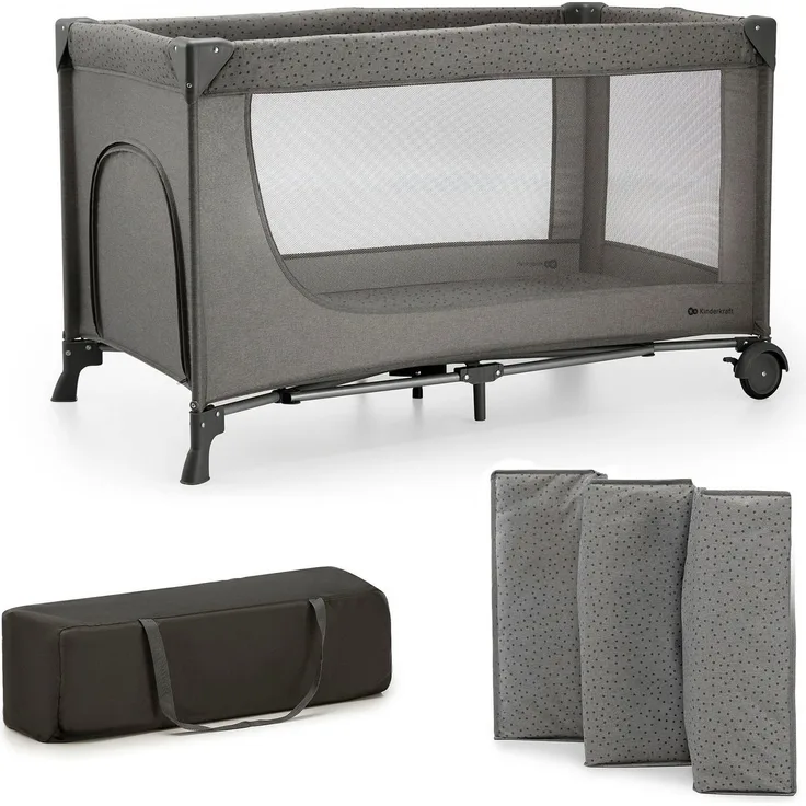 Kinderkraft Kinderreisebett Joy Light, Babybetten, Kinderbett, Reisebett, Praktisch, Modernes Design, Kleine Abmessungen nach Zusammenklappe, Tasche, Grau