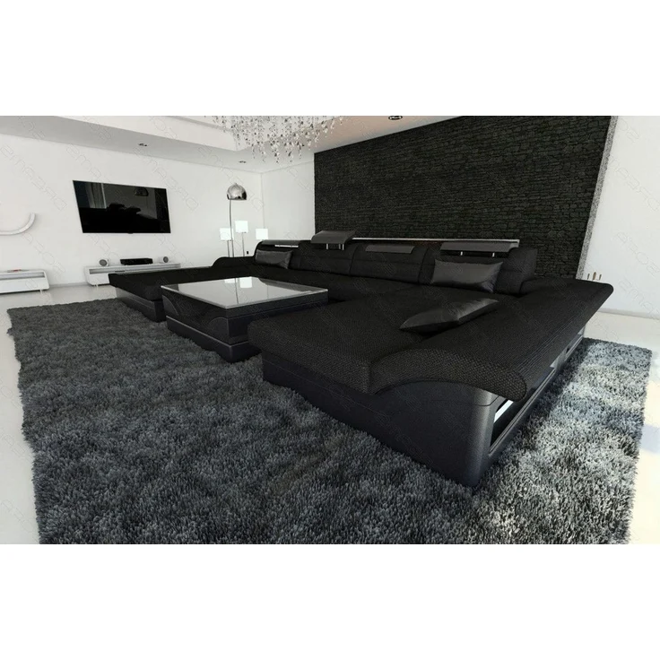 Stoff-Wohnlandschaft Monza LED U-Form - Strukturstoff - Schwarz-Schwarz - Rechts – Bild 2