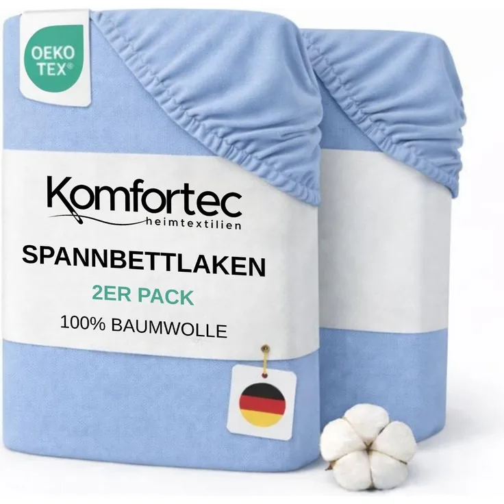 Komfortec Spannbettlaken Jersey 2er Set 100% Baumwolle – 180x200 cm – Weich, Atmungsaktiv & Hautfreundlich – Mit Rundumgummi – Oeko-Tex Zertifiziert – Für Boxspring, Topper & Matratzen – Hellblau