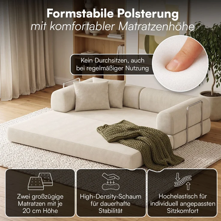 skølm 'Lofn' Modulares Sofa 2 Sitzer, 200x100 cm, Vollschaumcouch mit Metallgestell, Cord beige, Schlafsofa vakuumverpackt, kein Aufbau erforderlich – Bild 2