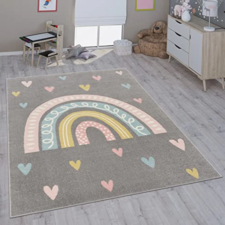 Paco Home Kinderteppich Nino 887, rund, Höhe: 13 mm, Kurzflor, Spielteppich, Motiv Regenbogen & Herzen, Kinderzimmer – Bild 2