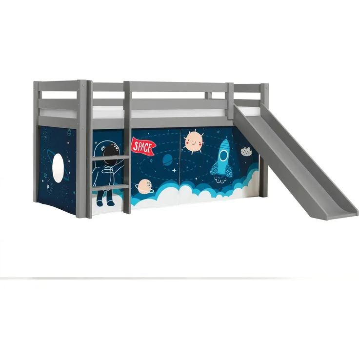 Vipack 'Pino' Halbhochbett 90x200 cm, grau, Kiefer massiv, mit Rutsche und Textilset 'Space Shuttle'