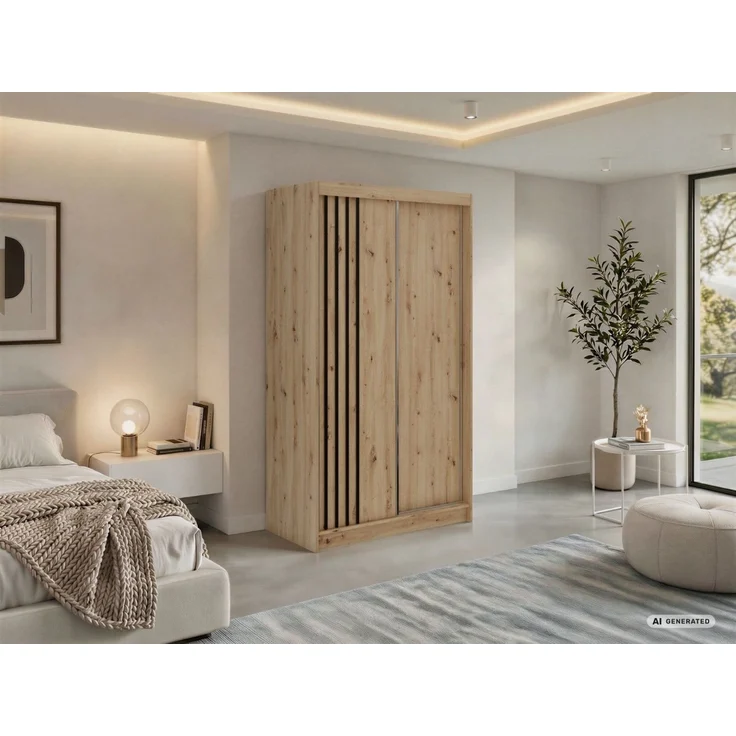 Schwebetürenschrank NAURU mit Lamellen-Optik, moderner Kleiderschrank, Breite 120 cm, inkl. Innenausstattung & Stauraum, Akustikpaneel-Design - Eiche Artisan und Schwarz – Bild 1