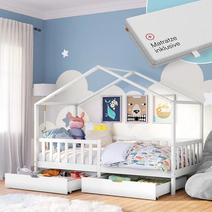 Bellabino Kinderbett Bia mit Rausfallschutz & Lattenrost (weiß, mit zwei Schubladen und Matratze), Kinderbett aus Kiefernholz, verfügbar in 80x160/90/120/140x200 cm – Bild 1