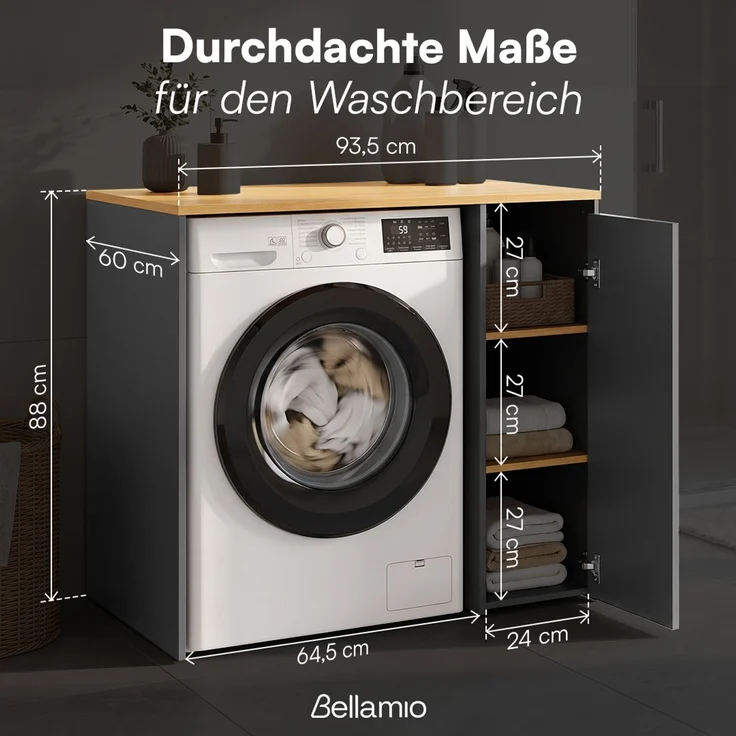 Bellamio 'Vist' Waschmaschine/Trockner Schrank mit 3 Fächern & Tür, Anthrazit/Eichenoptik, Waschmaschinenschrank mit Ablage und Wandanschluss für Standardgeräte, Badschrank für Hauswirtschaftsraum – Bild 9