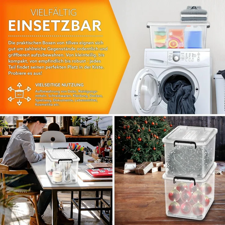 tillvex® Aufbewahrungsboxen mit Deckel 6er Set - 27L, lebensmittelecht | Kunststoff Boxen Set stapelbar | Aufbewahrung Ordnungssystem Box groß | Aufbewahrungsbox Kleiderboxen transparent 100% Neumaterial – Bild 6