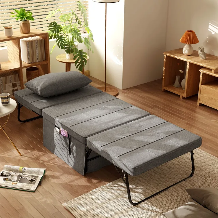 Wohnora-4-in-1 Klappbett, Gästebett, höhenverstellbar, Matratze, Seitentaschen, Metallrahmen, grau, 188 x 75 x 38 cm,H 380cm x T 1880cm x B 750cm
