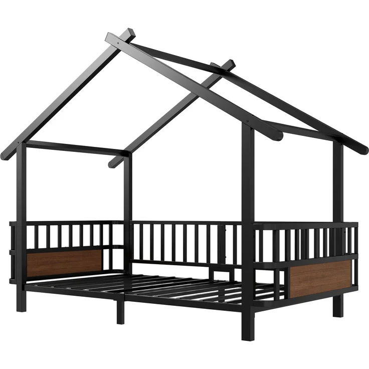 Kinderbett aus Metall in Hausform, 90 x 200 cm, mit Sicherheitsgitter, Dachdesign und dekorativem Rahmen, für Jungen und Mädchen, Schwarz – Bild 7