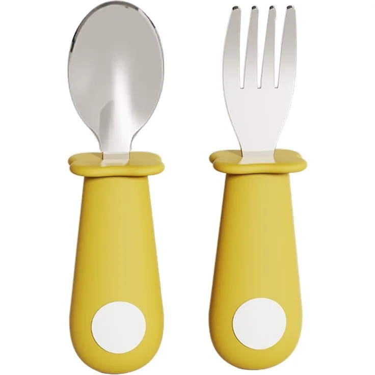 ABC 4-teiliges gelbes Baby-Silikon-Löffelset, Kinder-Gabel und -Löffel aus Edelstahl 316 mit kurzem Griff, Baby-Essgeschirr