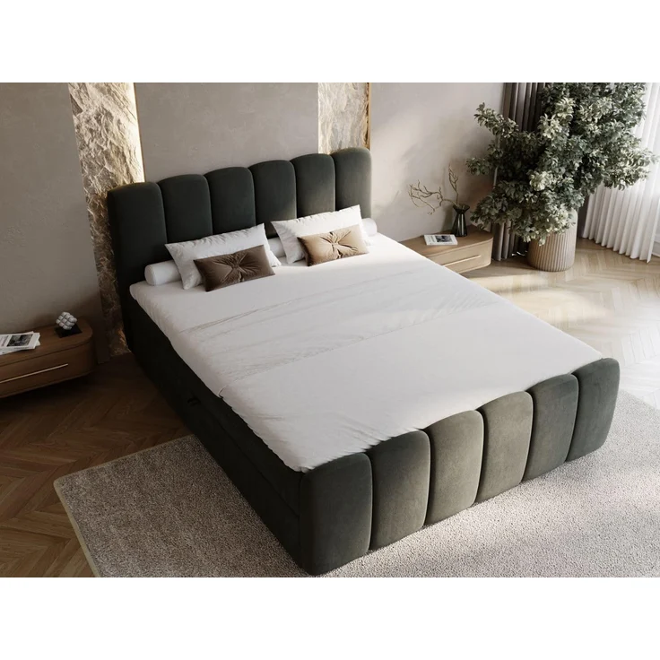 GRAINGOLD Cloud Boxspringbett 200x200, Bett mit Bettkasten, Velour-Stoff, mit Kopfteil, Dunkelgrau – Bild 3