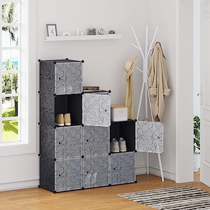 Woltu DIY Kleiderschrank mit Tür, 9 Fächer schwarz – Bild 3