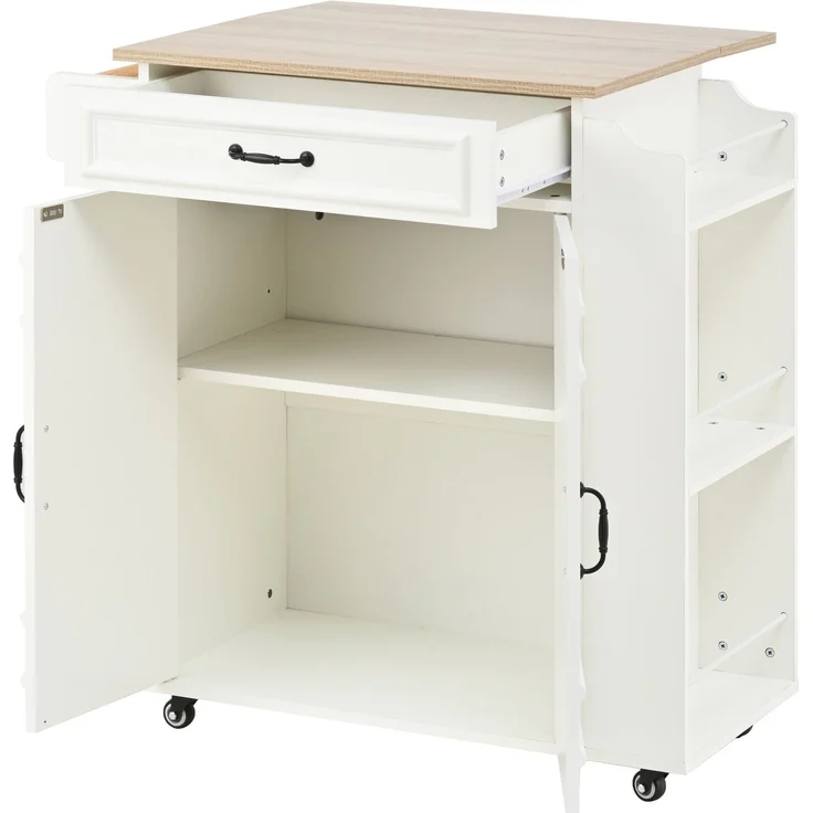 Kücheninsel 66x40(60)x90 cm mit Klapp-Arbeitsplatte, Schublade und Rollen – weißes MDF – Bild 3