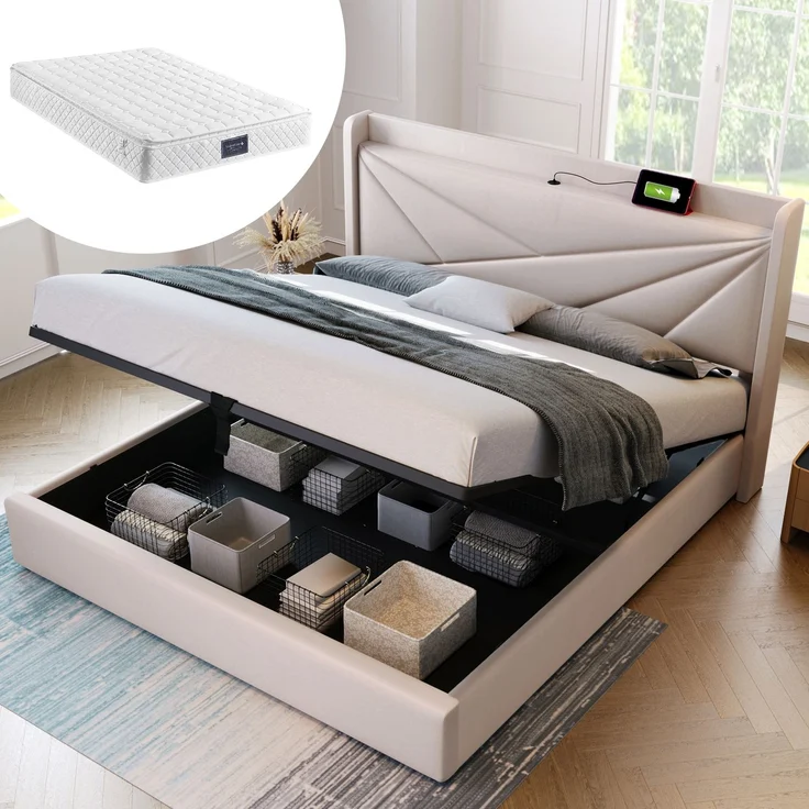 TavilaEcon Boxspringbett mit Bettkasten und USB Typ C beige Liegefläche 140 × 200 cm – Modell 981011AAB – Bild 1